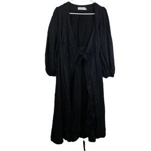 Zimmermann Linen Cotton Long Puff Sleeve Wrap Midi Dress Black Size 1 (US 4-6)